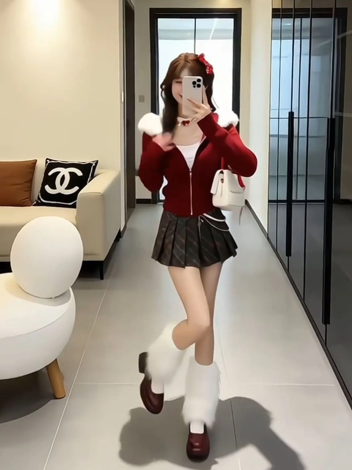 

Red Knitted Zipper Svel Cardigan And Plaid Skirt Women's Faion Set Spring Autumn Casual Sle Winter Warm