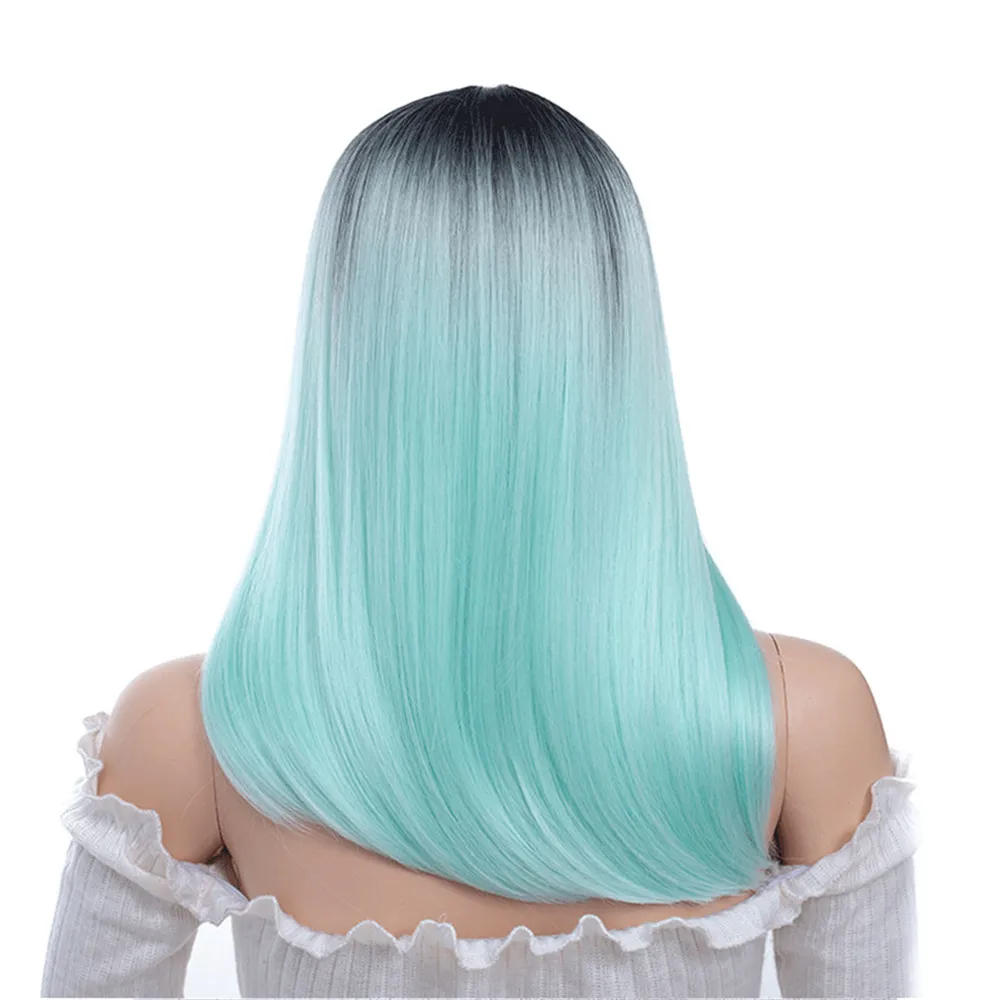 Synthetic Wigs Long Straight Bob Ombre Hair Heat Resistant Fiber Mint Green Black Roots Full  for Woman