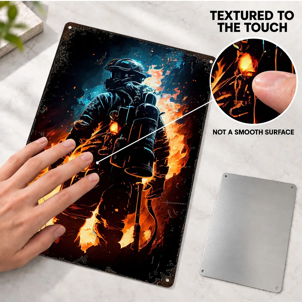Firefighter Flame Textured Metal Poster Personalized Aluminum Sign Dramatic Heroic Illustrated Design Wall Art For Living Room