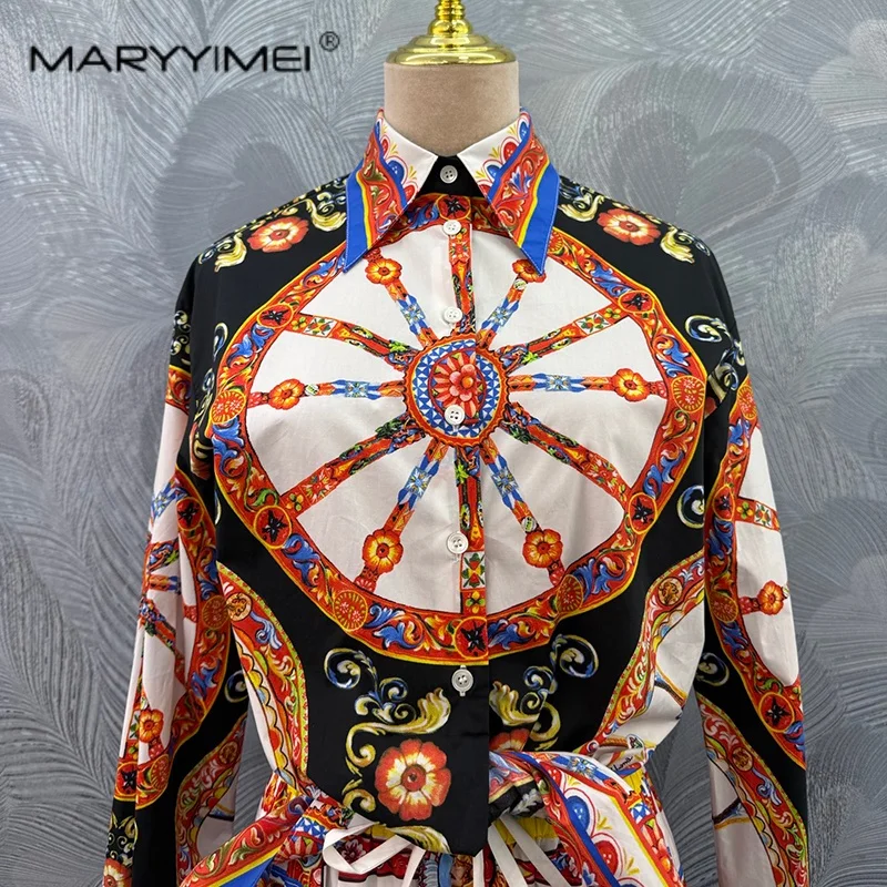 MARYYIMEI 2026 summer women's cotton printed long sleeved waist cinched short top with pants set