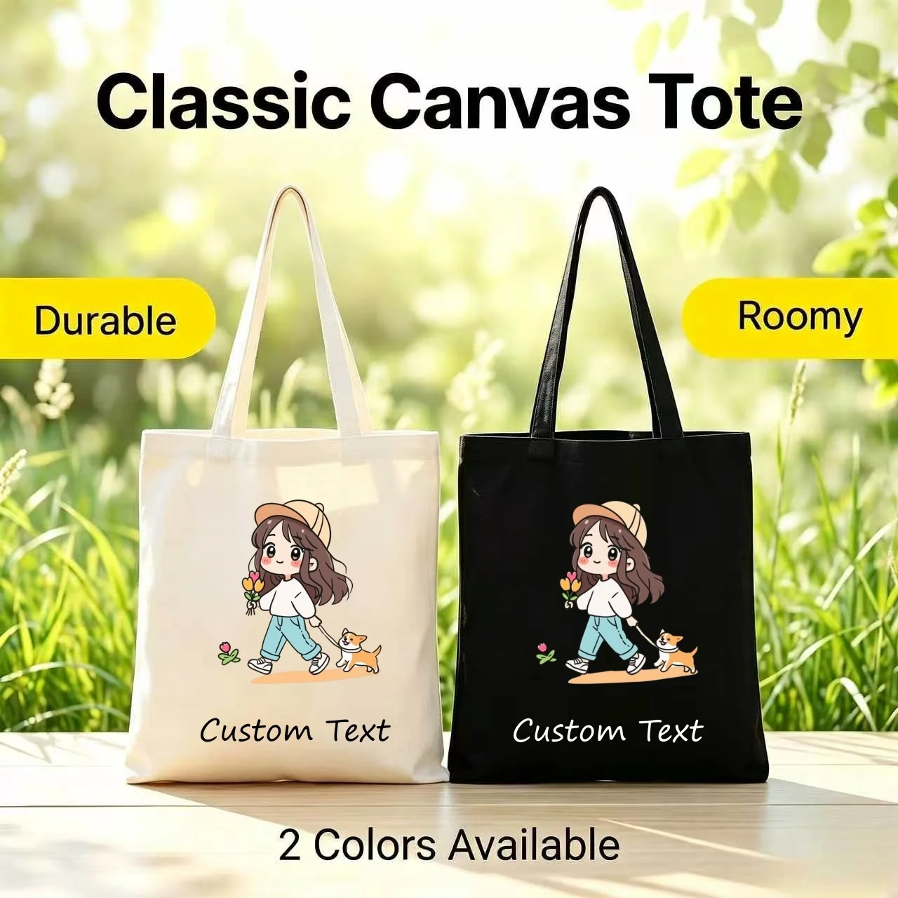 1PC Custom Canvas Tote Bag Cute Cartoon Girl Walking Dog With Flowers Print Custom Text Eco Reusable Shopping Shoulder Handbag