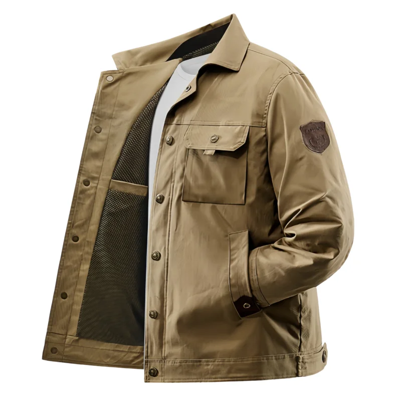 American Retro Workwear Jacket for Men, New Autumn Style, Casual Loose Fit, Turn-Down Collar, Multi-Pocket, Solid Color Coat, Men's Top