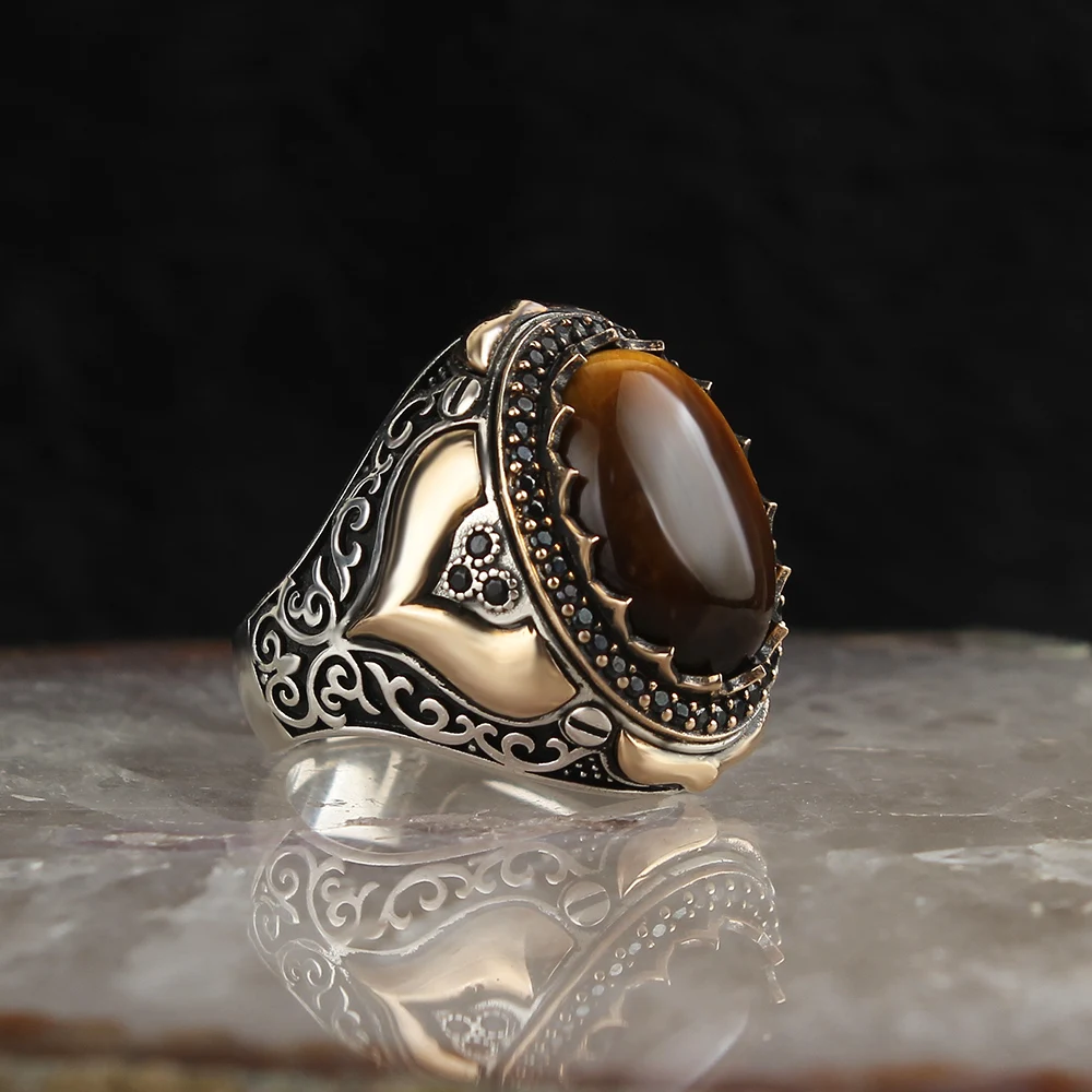 

Tiger's Eye Gemstone Pen İşçilikli 925 Sterling Mens Silver Ring