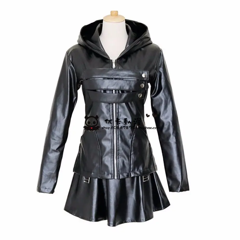 Anime Touka Kirishima Cosplay Costume Wig Shoes Full Set Uniform PU Leather Black Dress Hoodie Women Halloween Fighting Dress - view 3