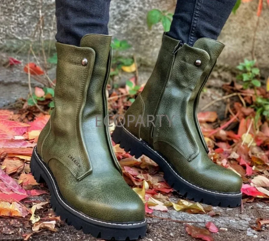 

New European and American Round Headed Men's Short Tube Martin Boots with Thick Soles Rivets Side Zippers Large Men's Shoes