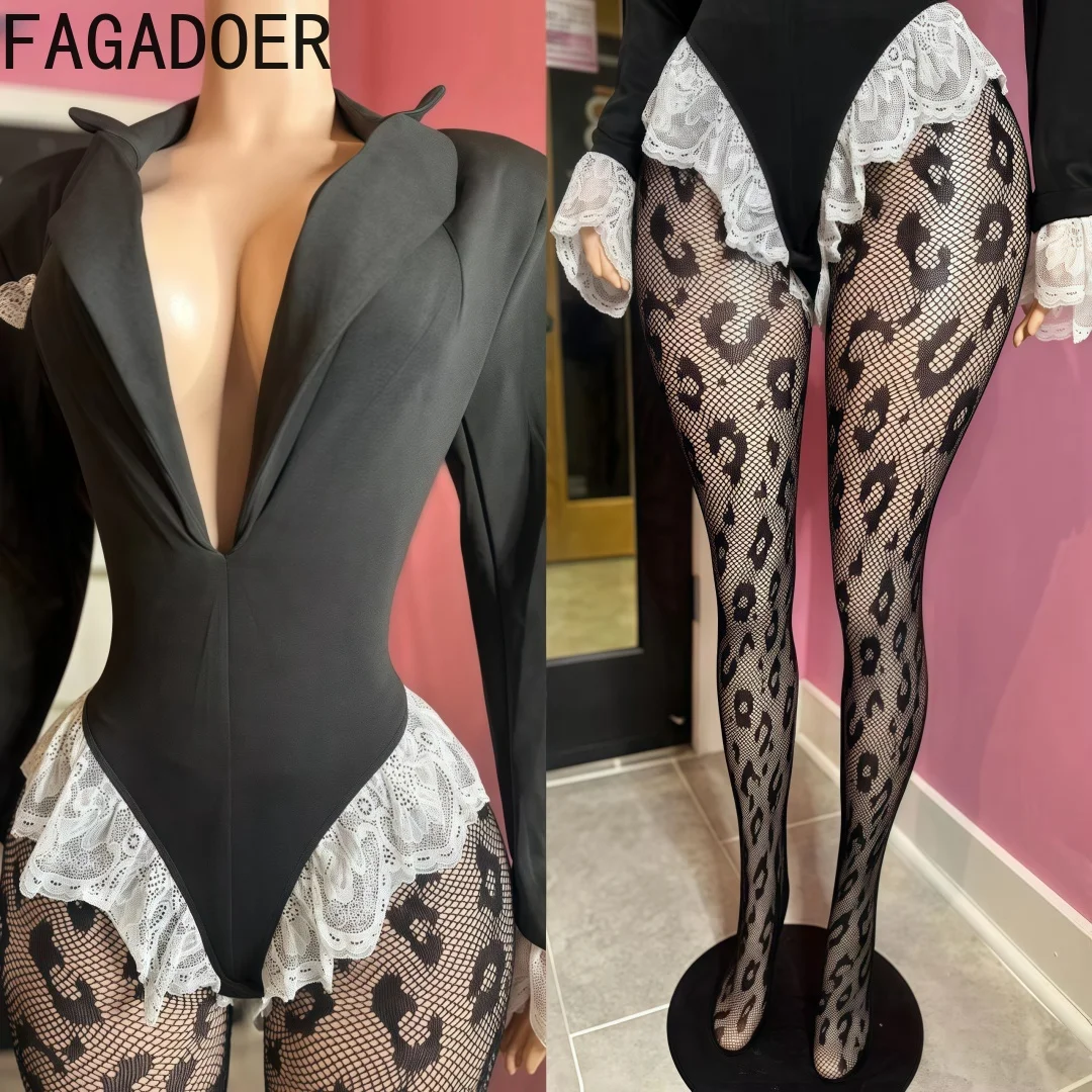 

FAGADOER Spring New Lace Splicing Bodysuits Two Piece Sets Women Lapel Long Sleeve And Mesh Skinny Socks Outfit Elegant Clothing