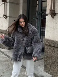 Elegante Grijze Dikke Faux Fur V-Hals Jas Vrouwen Mode Lange Mouw Pluche Warm Vest Jas 2024 Nieuwe Vrouwelijke Hoge Streetwear