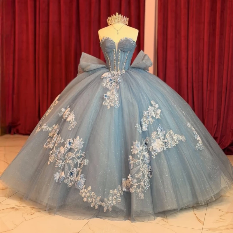Navy Blue Glitter Quinceanera Dresses Off Shoulder Ball Gown Sweet 16 Dress Applique Beading Crystal Bow Tull Party Birthday Vet