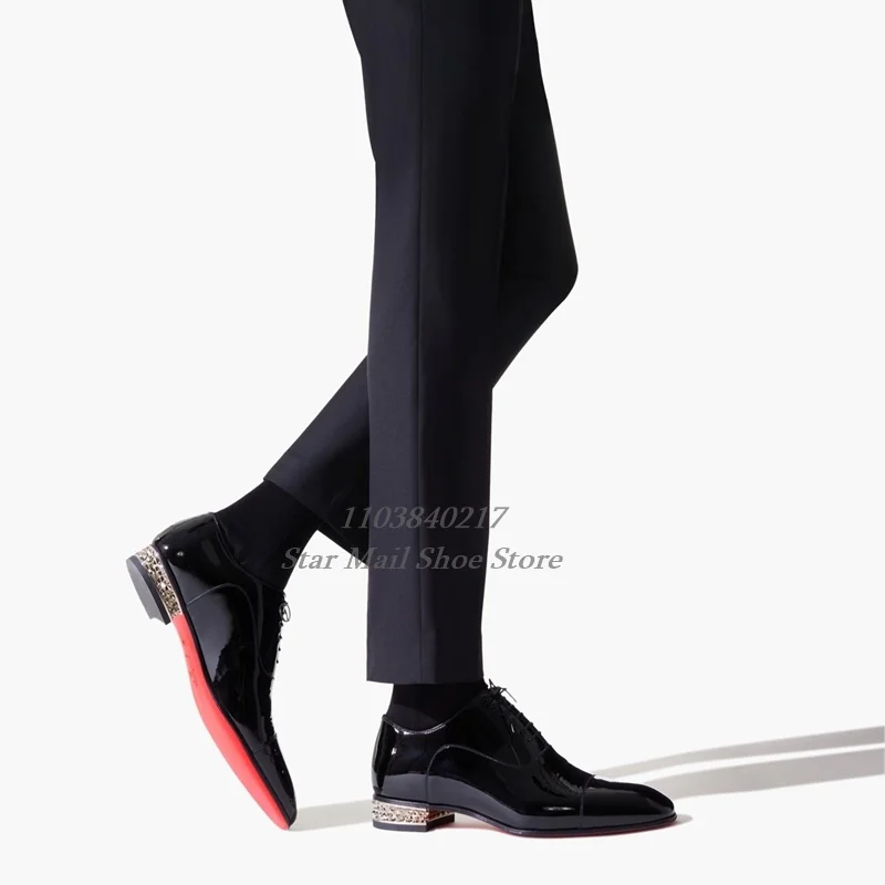 Black Patent Leather Glossy Pointed-Toe Lace-Up Men's Leather Shoes with Rivet Design On The Heel Formal Business Leather Shoes