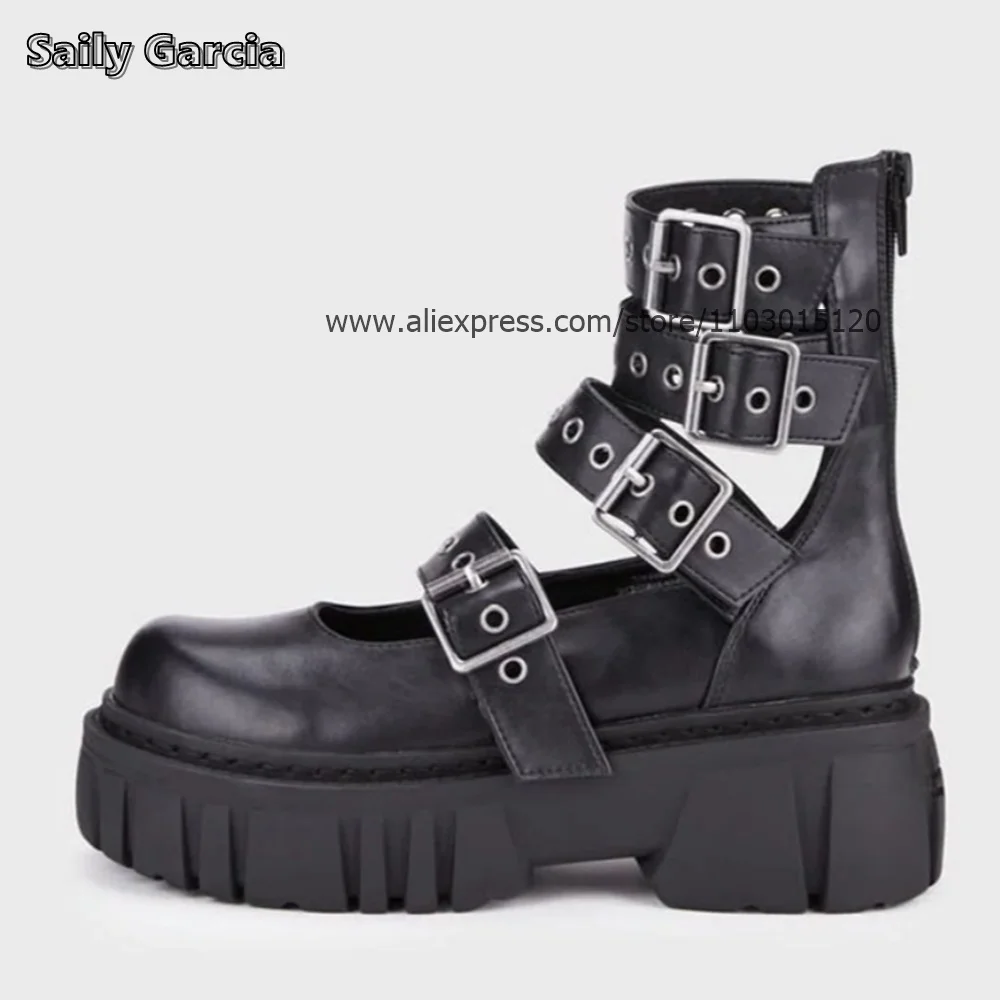 Genuine Leather Belt Buckle Strap Motorcycle Boots Rock Punk Style Casual Boots Round Toe Platform Breathable Mid Calf Shoes