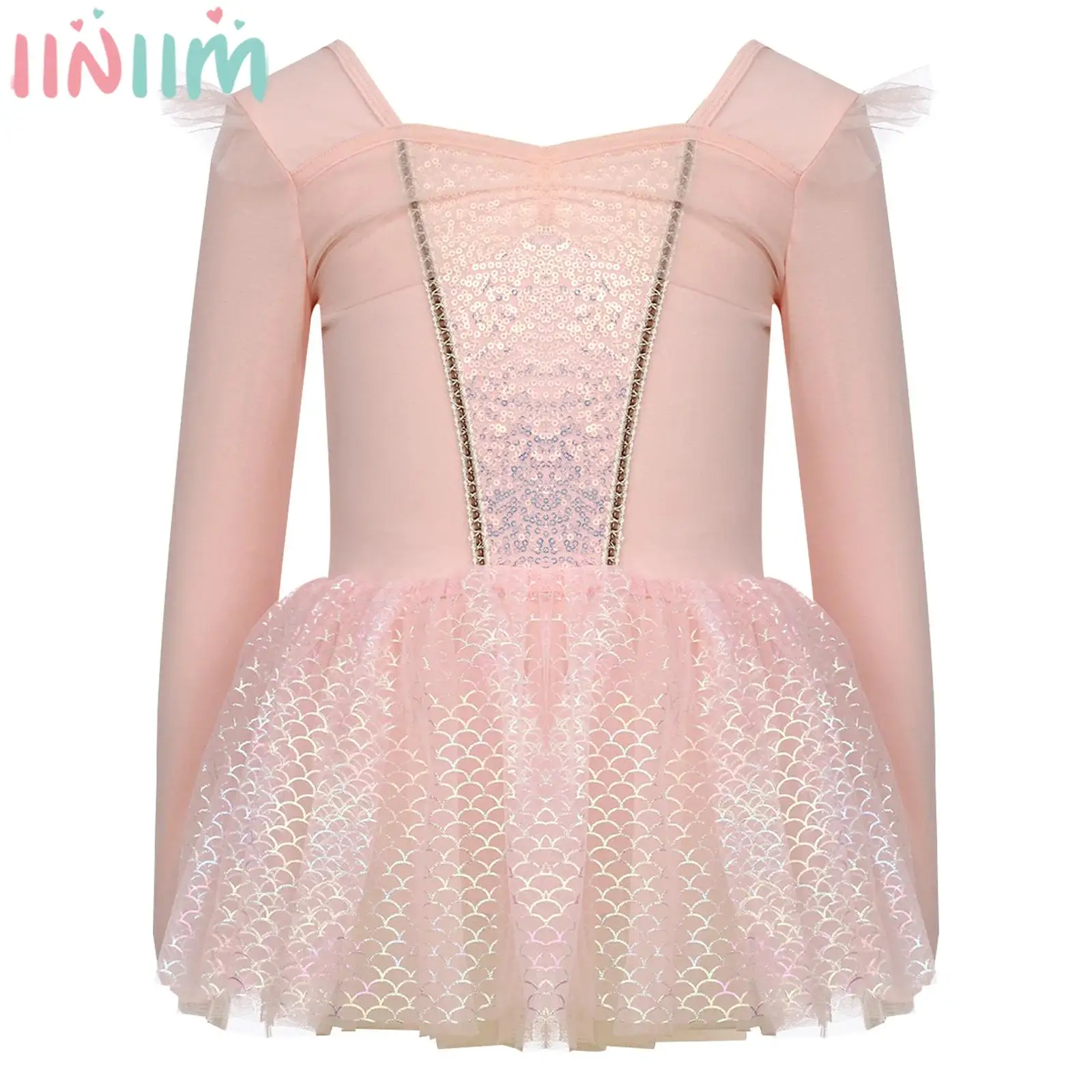 Children Girls Long Sleeve Sequins Fish Scales Tulle Princess Ballet Dance Tutu Leotard Dress for Halloween Carnival Theme Party