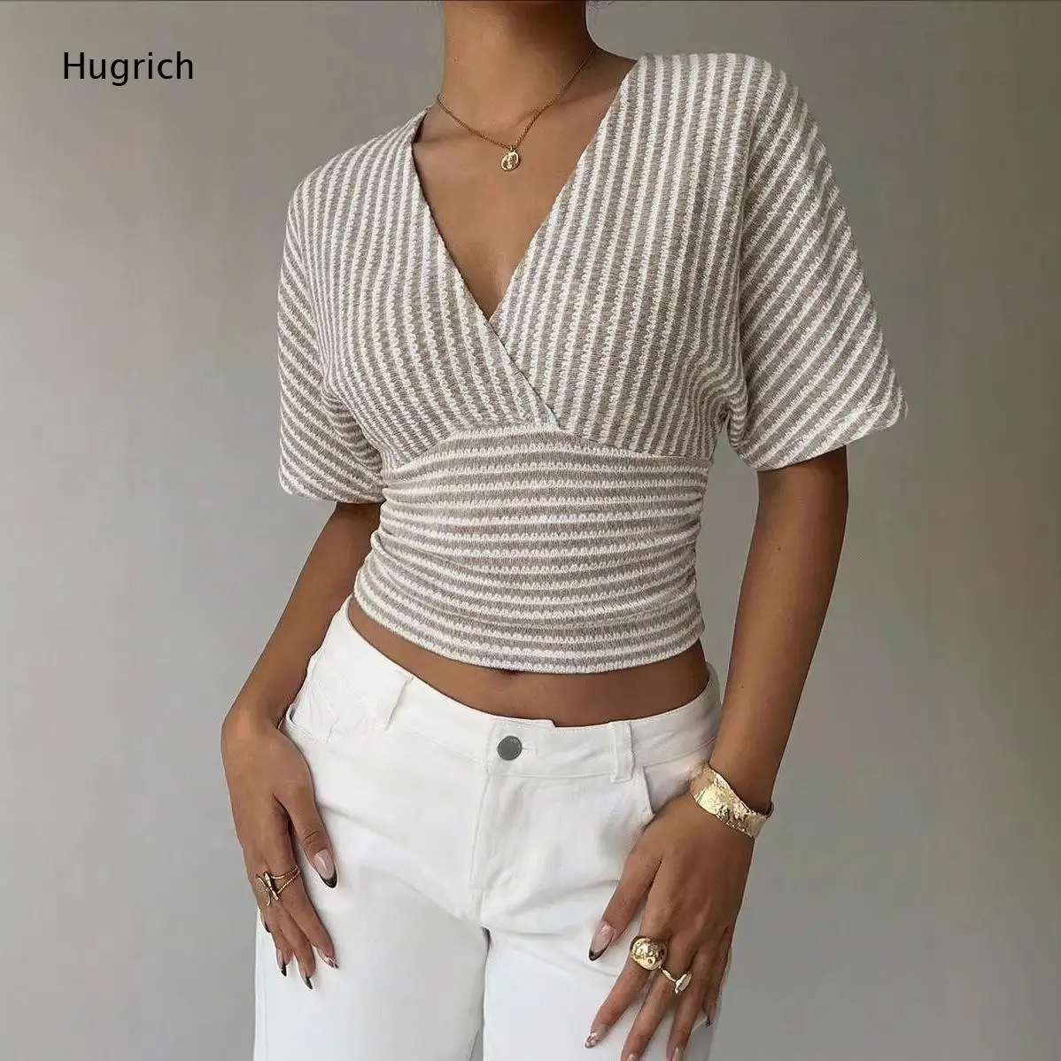 Women Striped Knit Crop Top V Neck Batwing Short Sleeve T Shirt Wrap Front Casual Summer Blouse