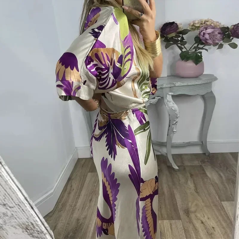 2024 Women Elegant Print Stain Skirt Sets Fashion Loose V Neck Half Sleeve Shirt Two Pieces Suits Summer Chic Office Lady Outfit