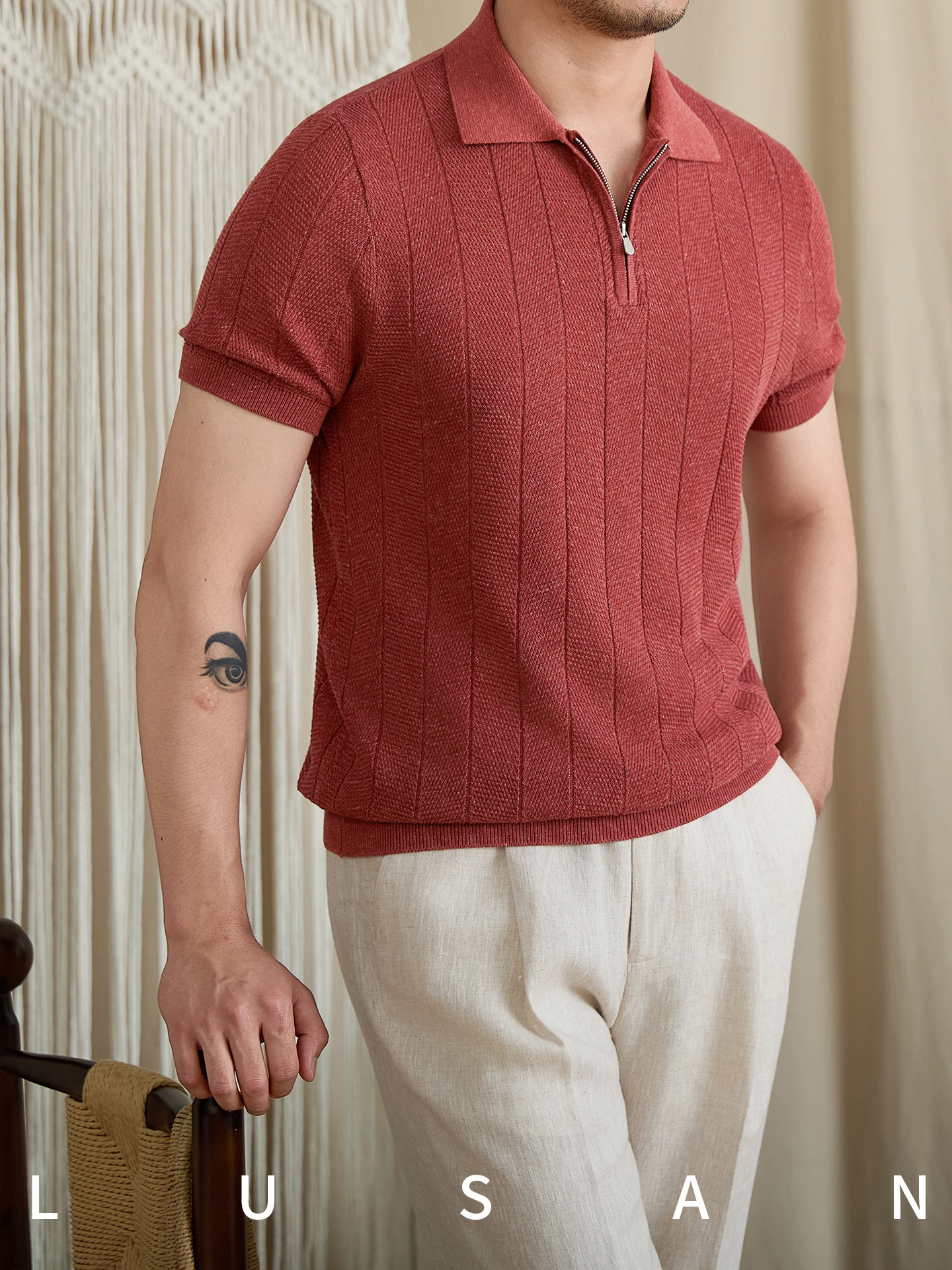 Upscale Retro Summer Light Linen Blended Lapel Zipper Sunken Stripe Texture Short Sleeve Casual Fashion Men's