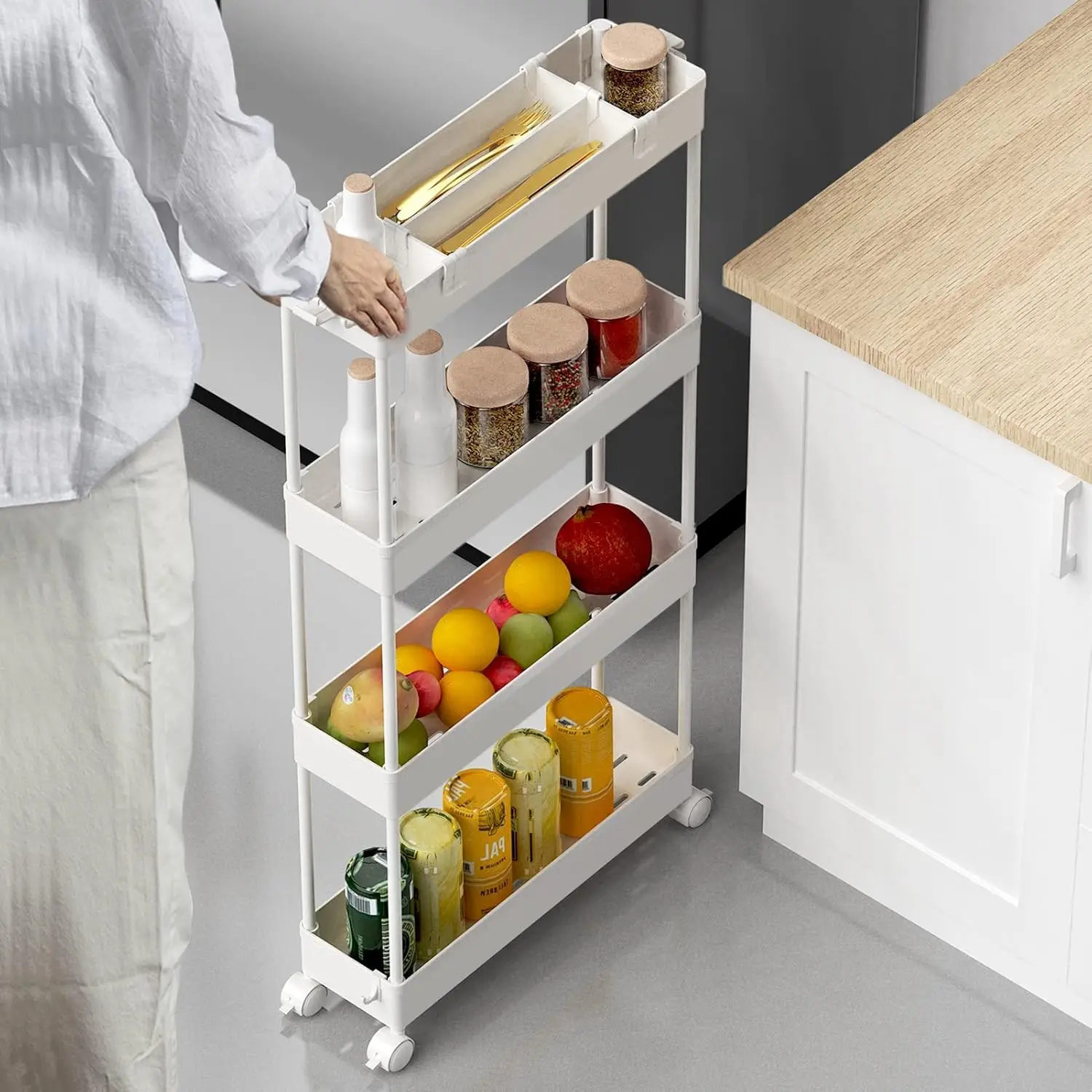 Slim Storage Cart 4 Tier,Bathroom Organizer Rolling Utility, Mobile Shelving Unit Slide Out for Office, Kitchen,