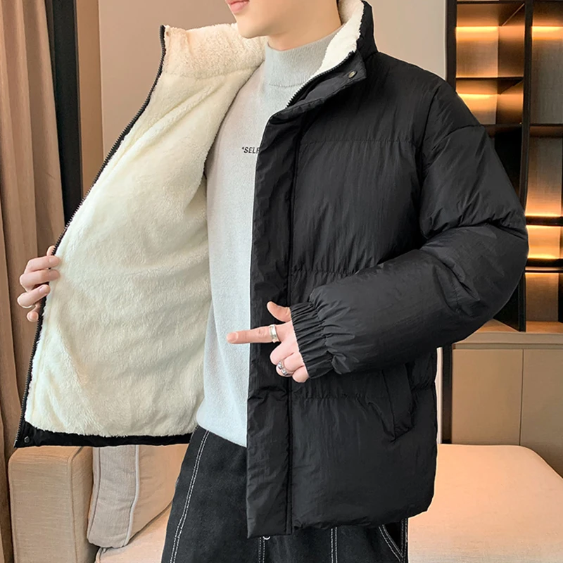 Solid Color Men's Stand Collar Plush Jackets 2024 Autumn Winter Warm Lamb Fleece Coats Outwear Windproof Loose Thick Tops Parkas