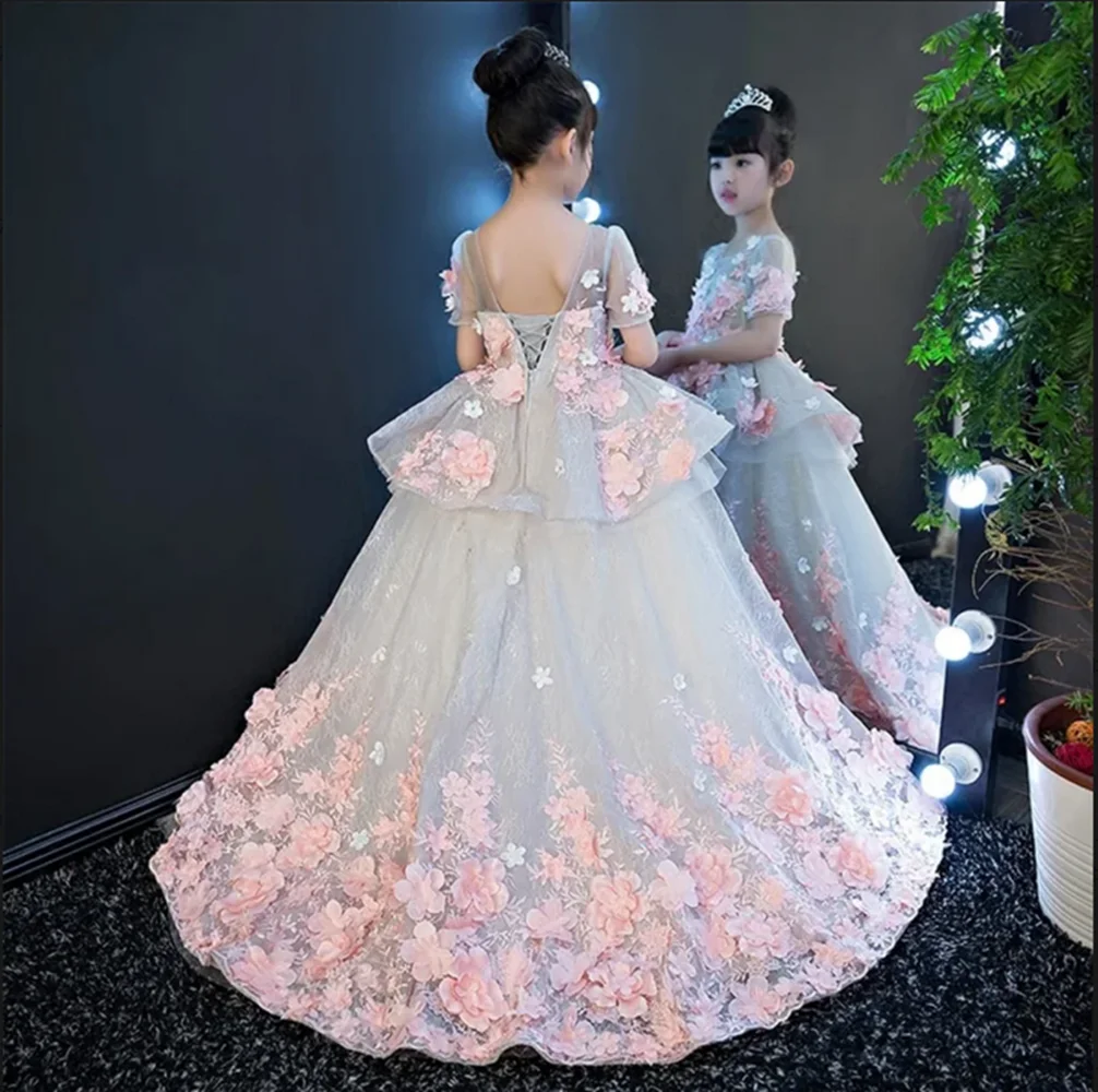 Flower Girl Dresses Tulle Ruffles Baby Kids Birthday Wedding Party Dress lunghezza al ginocchio a strati prima comunione Ball Gown