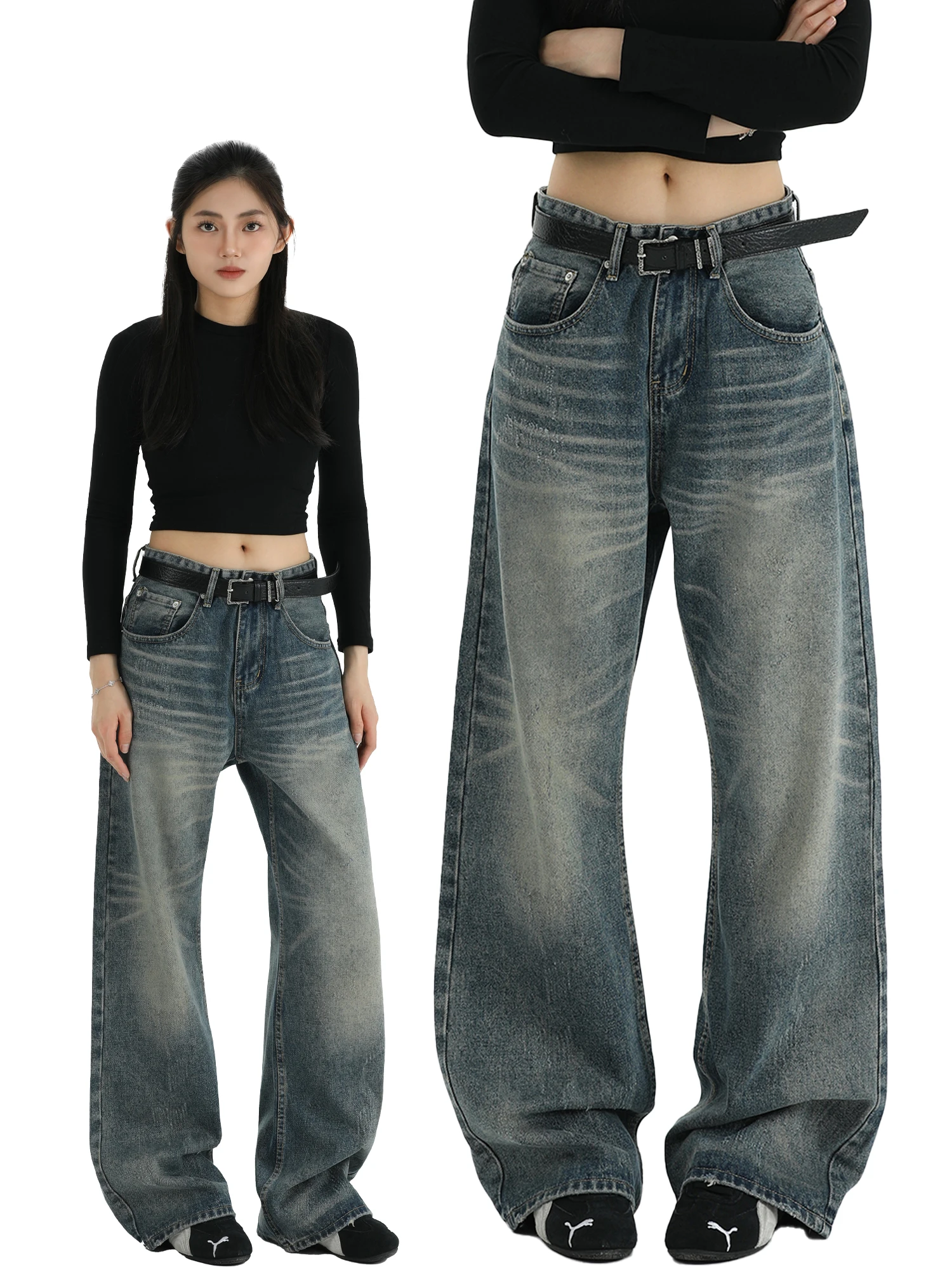 

Talk Later American Style Washed out Vintage Straight Leg Jeans Loose Fit Cleanfit Long Trousers for Men Casual Wear