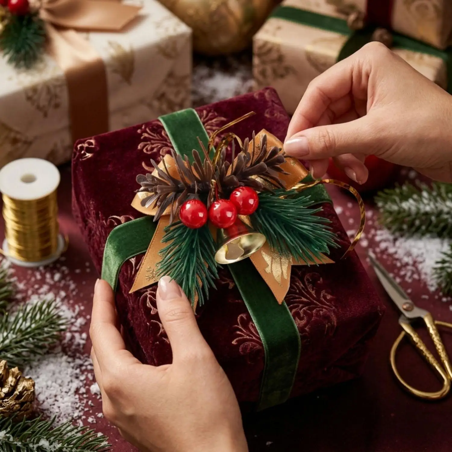 30/1x Mini Christmas Bowknot Bells Pinecone Red Berries Ornament Xmas Tree Gift Box Bells Home Holiday Party DIY Decor Pendents view 3