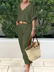 Women Fashion Solid Set Casual Office Elegant 2 Piece Sets Lady V Neck Short Sleeve Tops+long Pants Two Piece Sets Female Summer