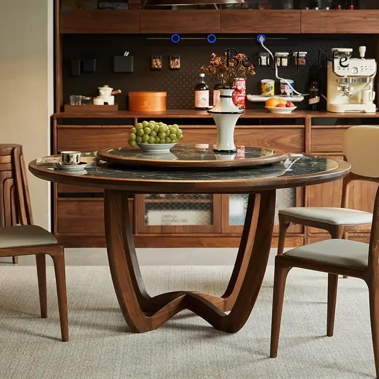 

North American black walnut solid wood round dining table modern simple light luxury villa home round rock slab dining table