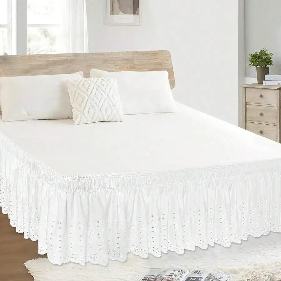 

King Size White Eyelet Ruffled Bed Skirt With Elastic Wrap Around And Embroidered Details 18 Inch Drop