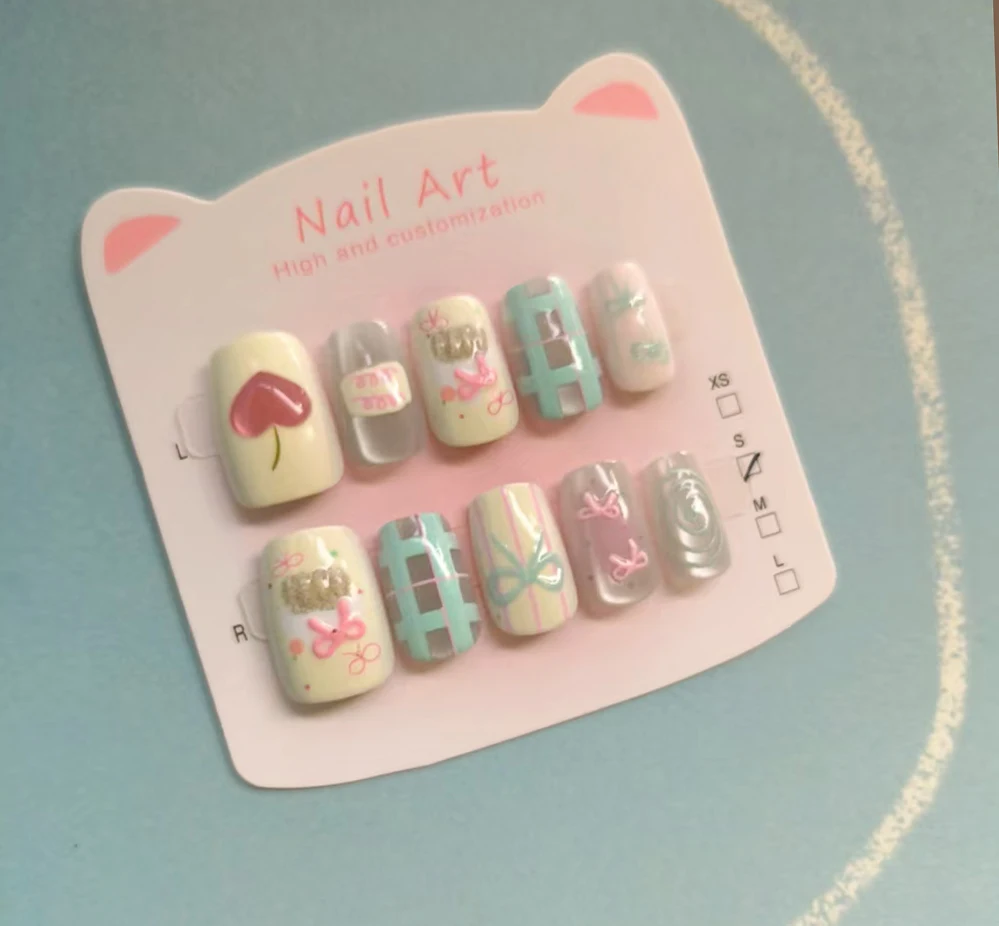 10pcs Handmade Press On False Nails Dopamine Macaron Colour Bowknot False Nail Short Square Detachable Wearable Women Fake Nails