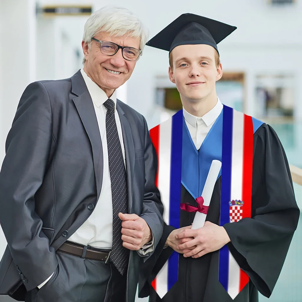 Écharpe de Graduation Croatia Feel, Châle Étole Bleu Saphir avec Rayure, Accessoire de Robe de Bachelor, Ruban, 180x14cm