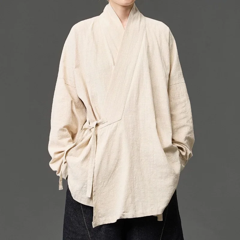 Unisex New Chinese Style Loose Zen Robe Cotton Wrap Coat Vintage Cross Collar Hanfu Outerwear