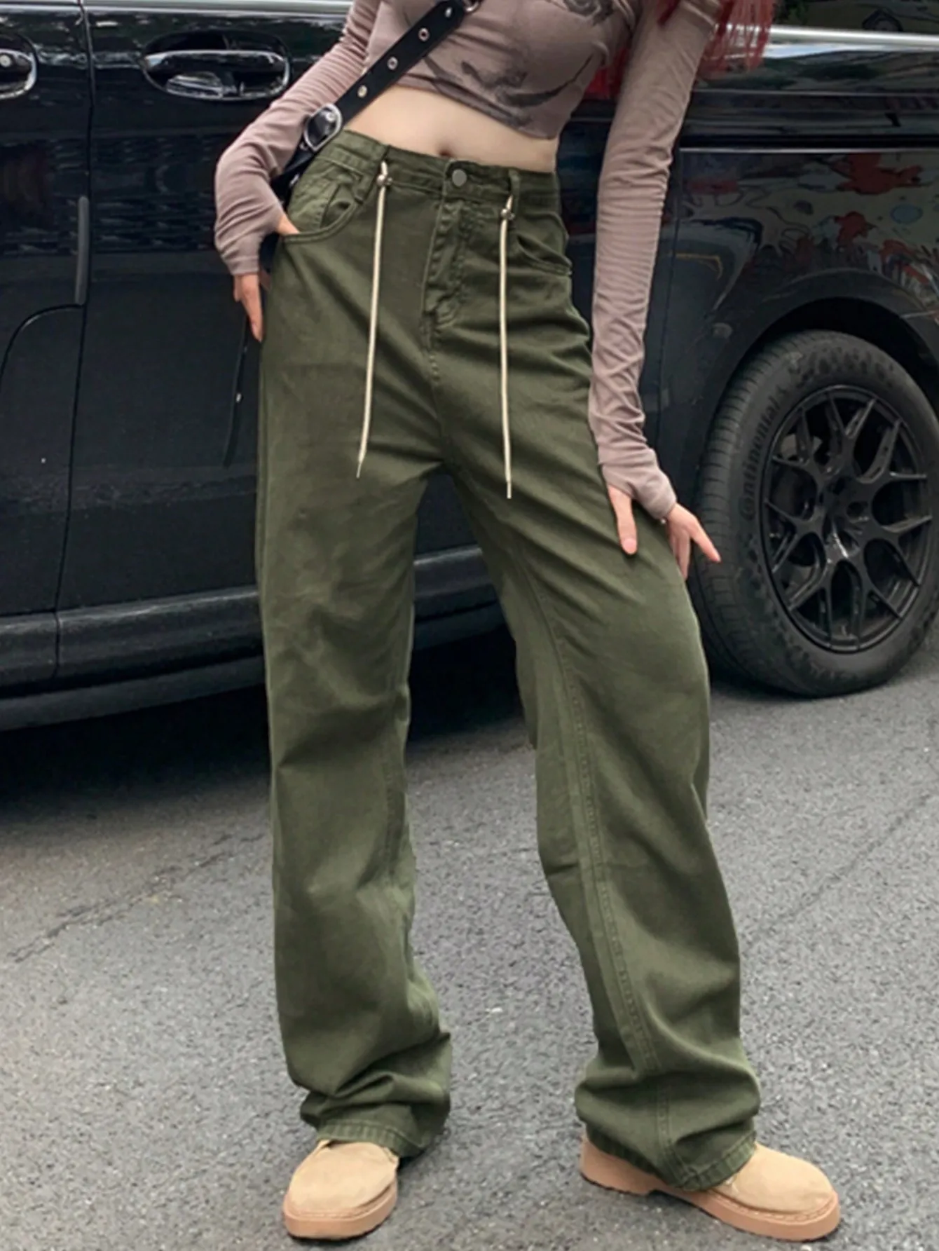 American Retro Style Army Green Jeans New Women's Autumn and Winter Small Narrow Version Loose Wide-Leg Pants Utaiteritertatatao