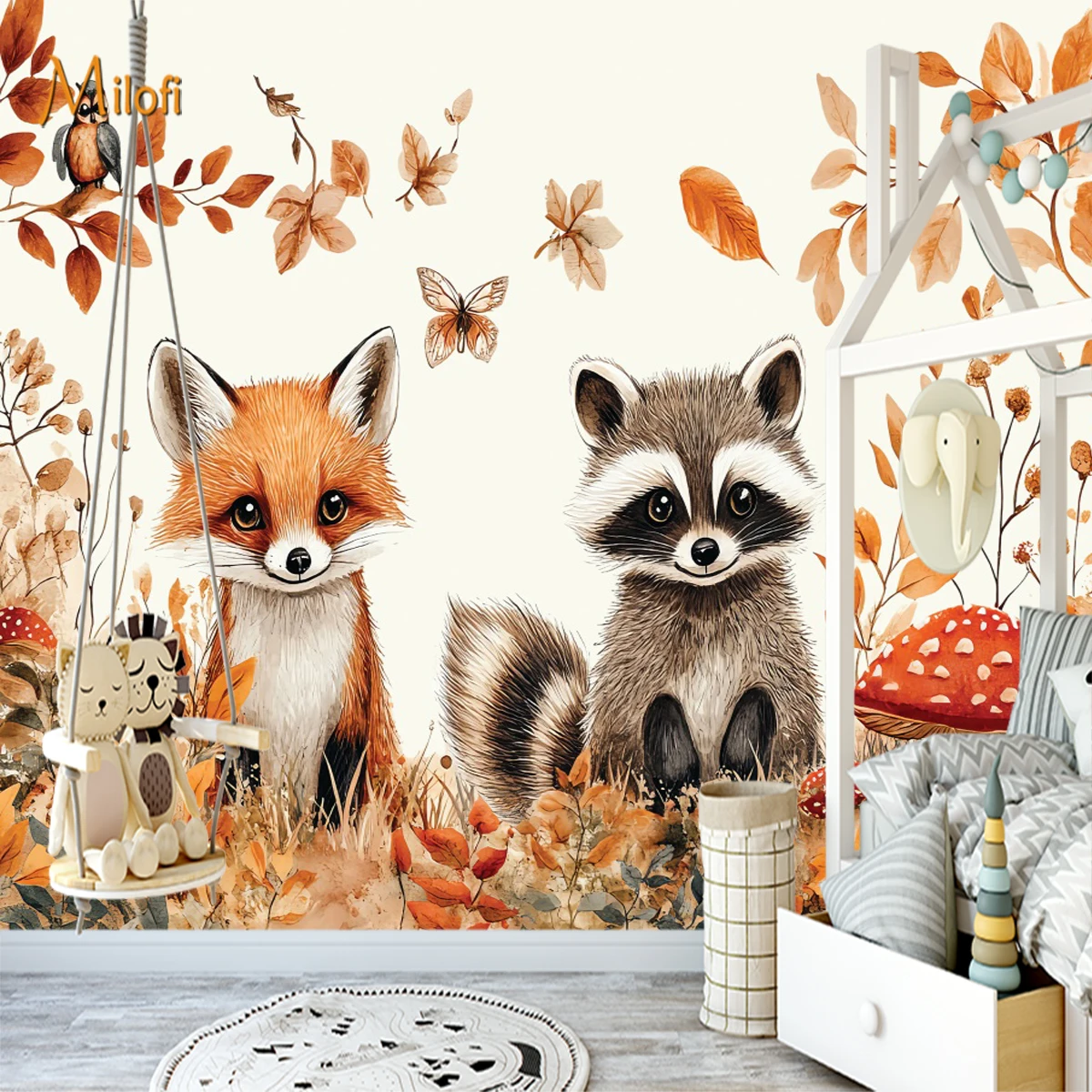 Custom 3D Watercolor  Woodland Animal Wall Mural Fox Raccoon Owl  Wallpaper For Children Nursery Bedroom Background Decor