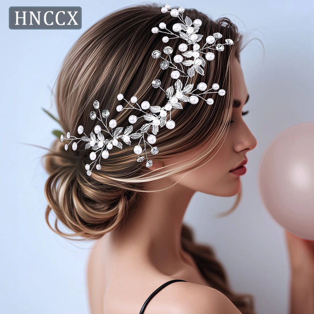 HNCCX Pearl Hair Comb Clip Silver Color Alloy Leaf Hair Comb Headband Tiara For Women Bride Wedding Hair Accessories CP832