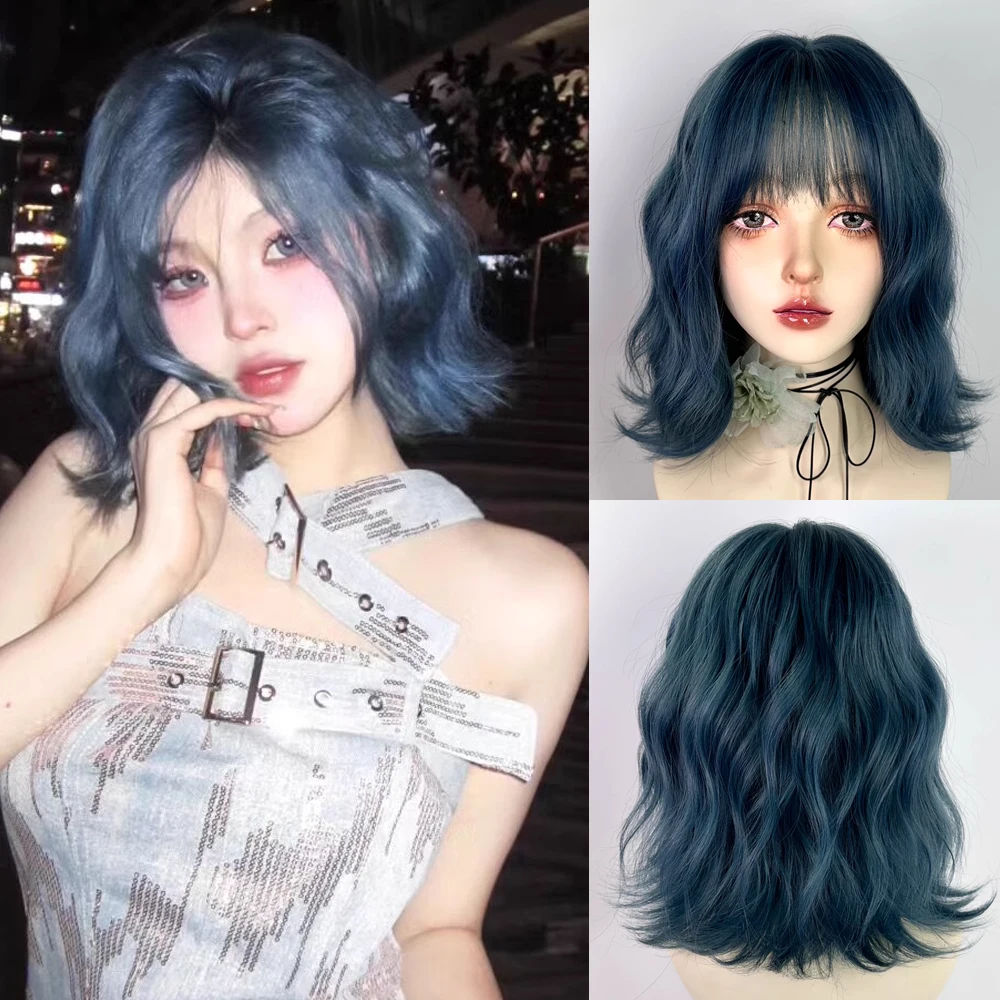 Synthetic Short Wavy Blue Wigs with Bangs Natural Fluffy Women Lolita Cosplay Hair Wig for Daily Party