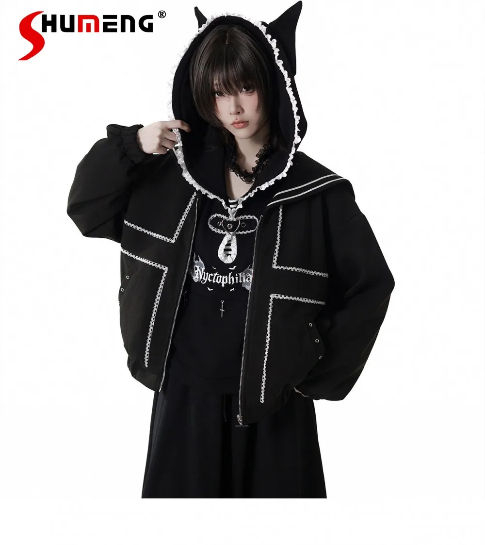 

Оригинальный дизайн, милая крутая модная черная куртка в стиле панк, студенческий топ с длинными рукавами Y2K, пуловер, толстовка, юбка, гетры, наряд