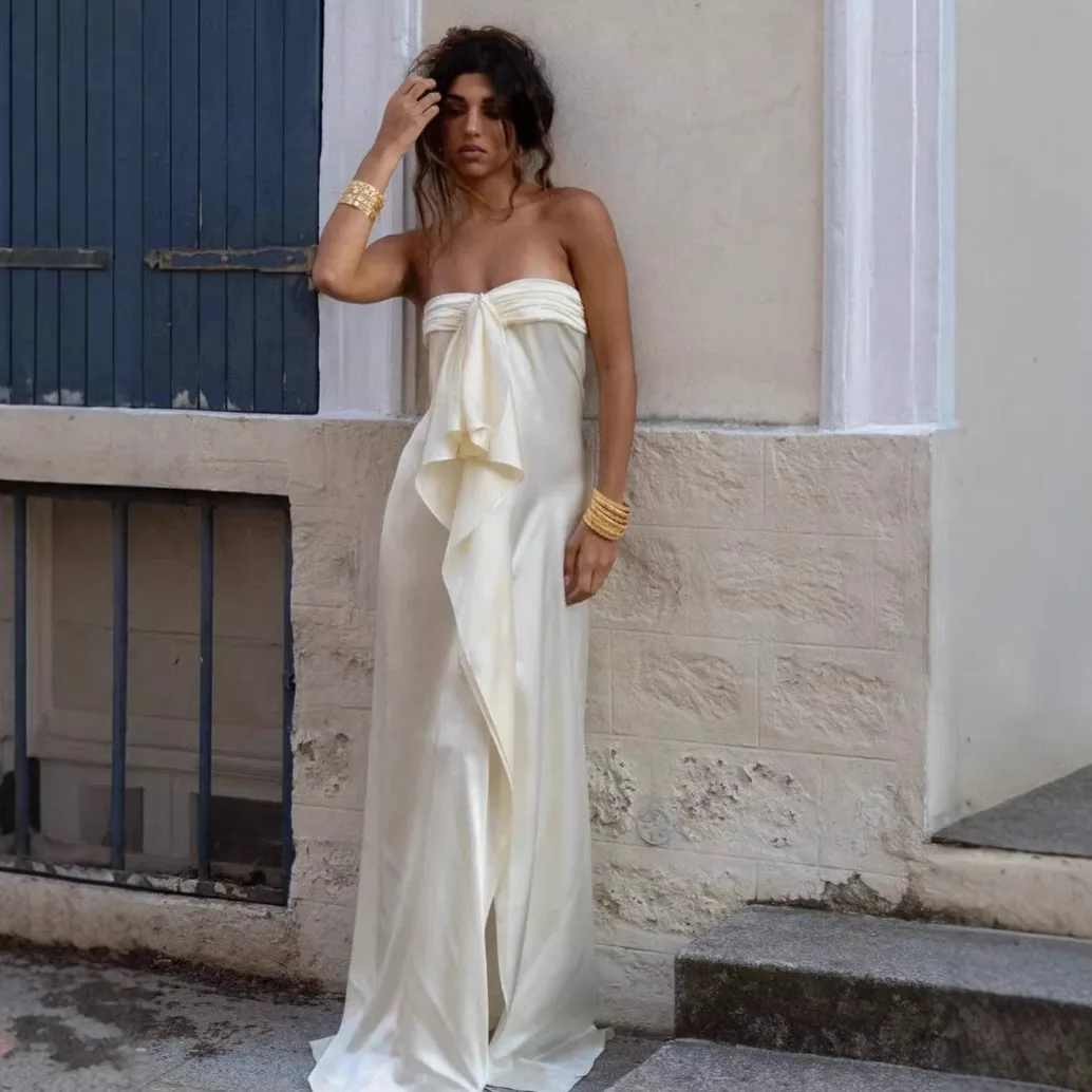 

Women Summer Dress New Slim Pleated Slit Satin Evening Gown Long Dress Off-the-Shoulder Sexy Party Birthday Wedding Dresses