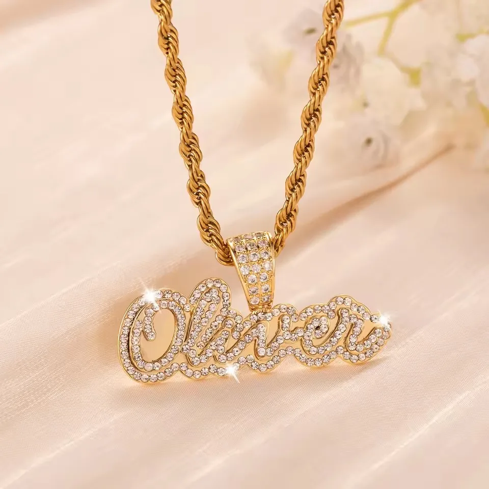 Custom Name Necklace Iced Out Double Layer Personalized Diamond Letter Pendant Stainless Steel Gold Chain Nameplate Jewelry Gift