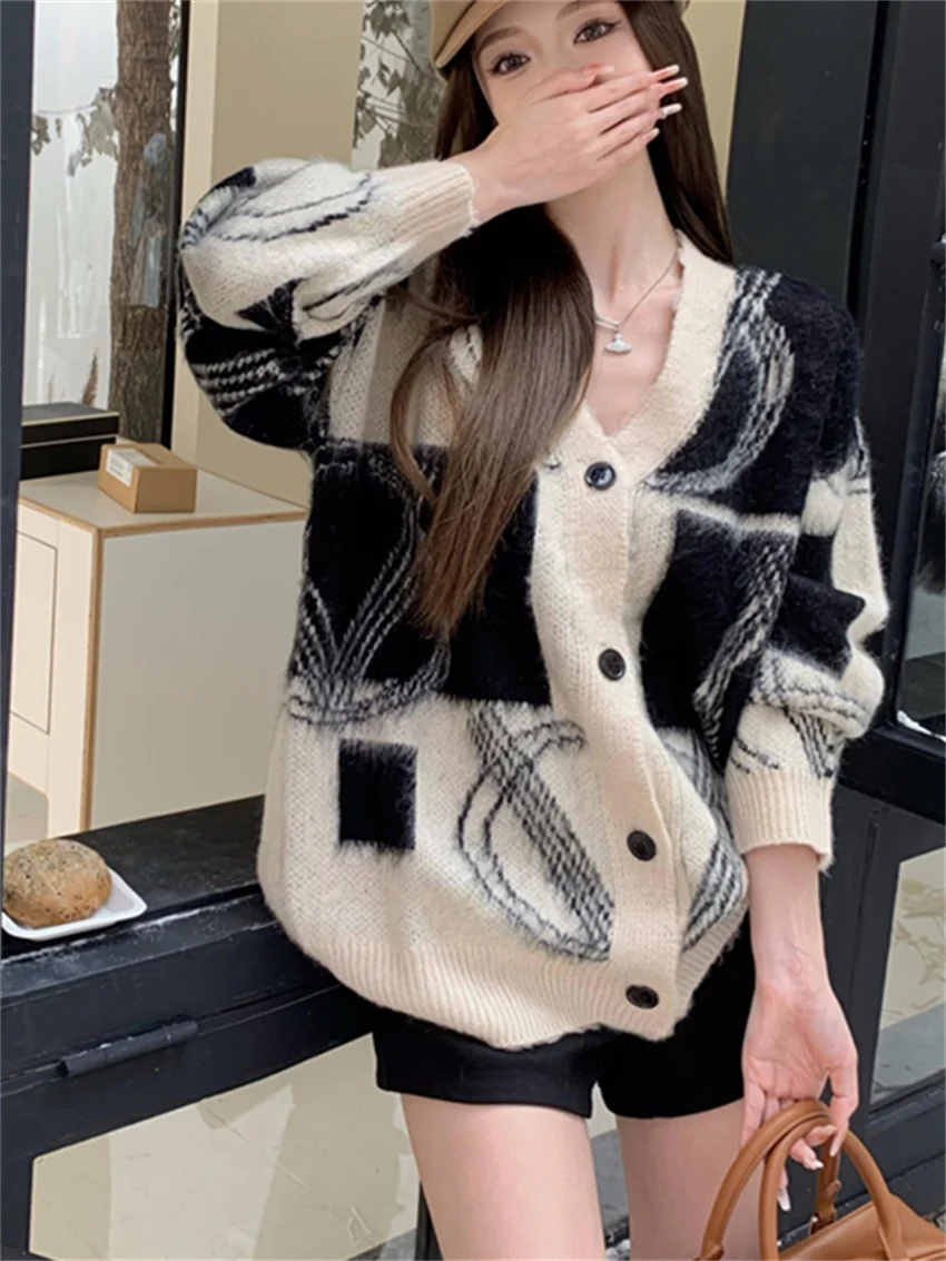 PLAMTEE Casual Loose Coats Knitted Women Chic Loose Vintage Autumn Elegant Sweaters Fashion Office Lady Tie-dying Cardigans