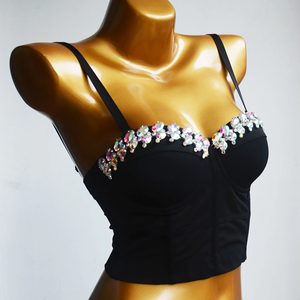 Cupnaya paillettes cristal femmes Polyester Spandex haut court Spaghatti sangle Bustier gaze Corset Bralette noir blanc rouge kaki