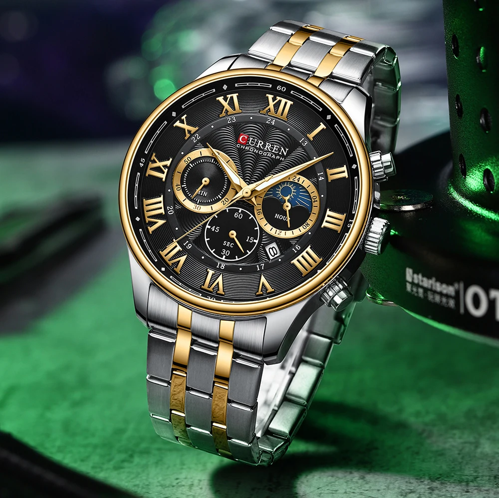 CURREN Modische Sport-Chronograph-Armbanduhr für Herren, Edelstahlarmbanduhr mit automatischem Datum