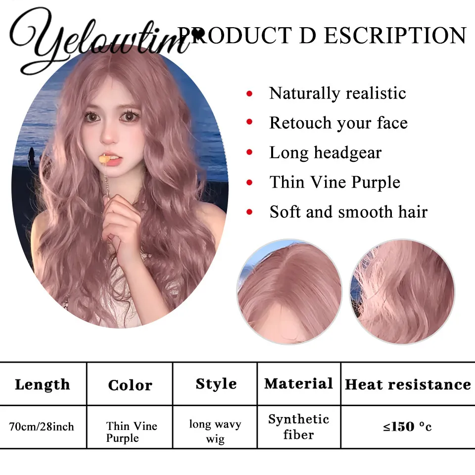 Long Water Wave Wig with Bangs Pink Purple Cosplay Silky Wig for Women Daily Party Natural Soft Synthetic Hair Heat Resistant