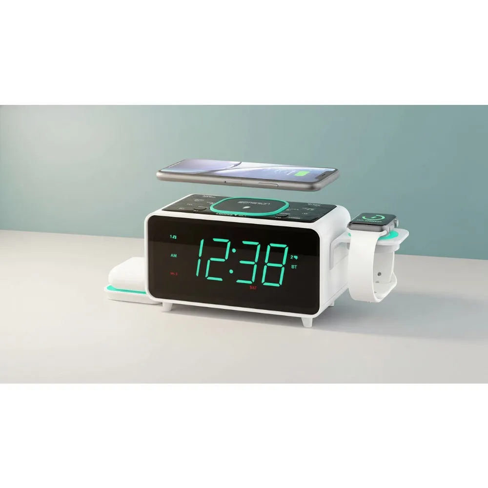

Smart Dual Alarm Clock with Wireless Charging, Bluetooth Speaker, Fast Charging for iPhone/AirPods, Foldable Stand, USB Ports