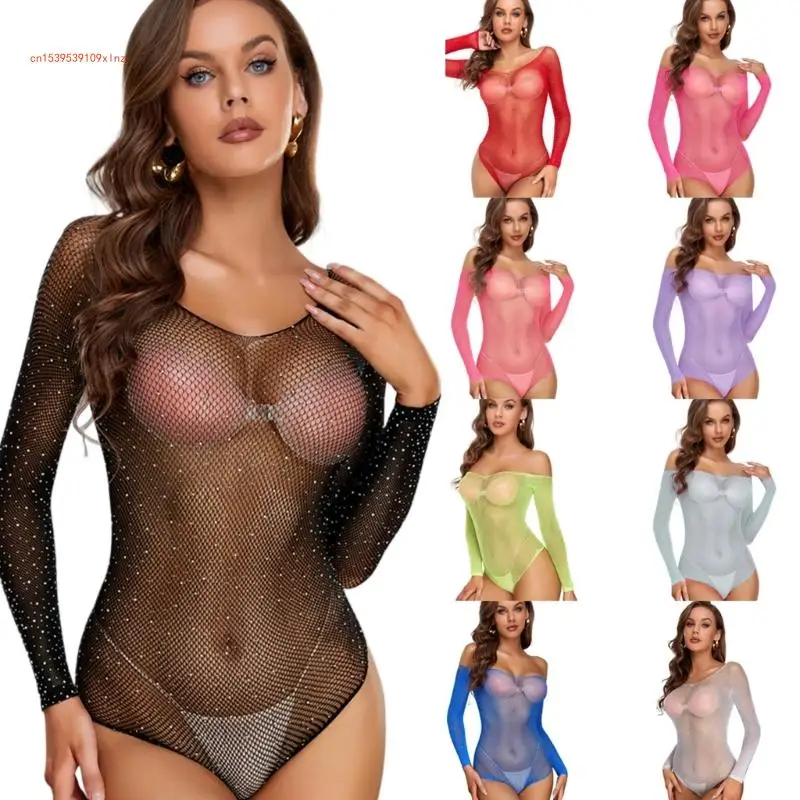 

Lingerie Women Rhinestones Fishnet Mesh Bodysuit Long Sleeve Leotard