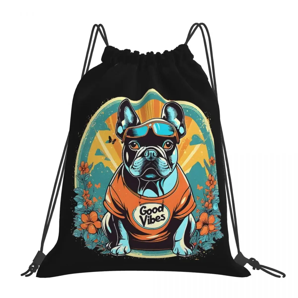 French Bulldog Good Vibes Wearing Sunglasses Backpacks Drawstring Bags Drawstring Bundle Pocket Sports Bag BookBag