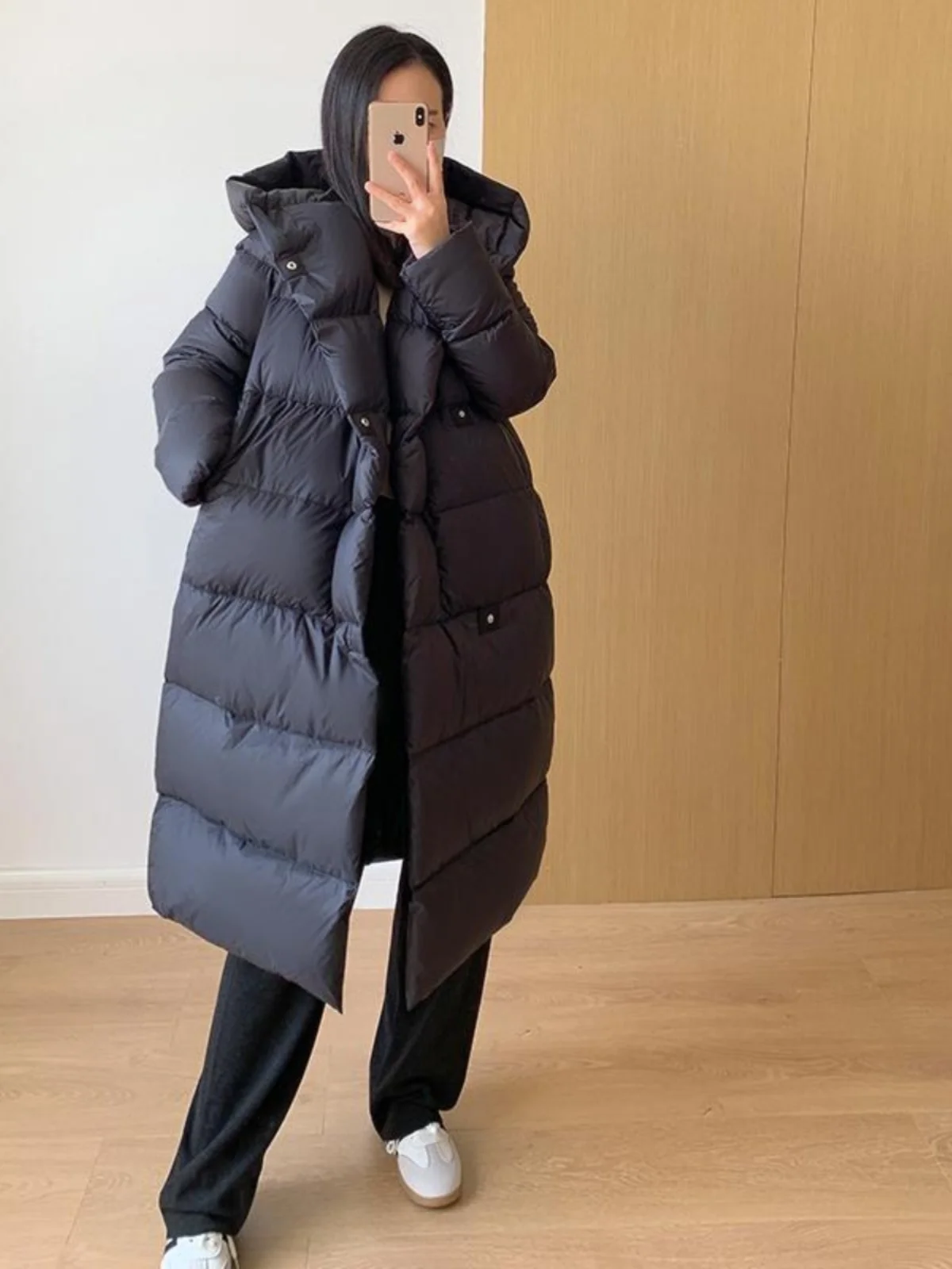 

Белый ду пух Jaet с капюшоном средней длины, женская модная корейская ткань с эффектом памяти, длинная пуговица свека