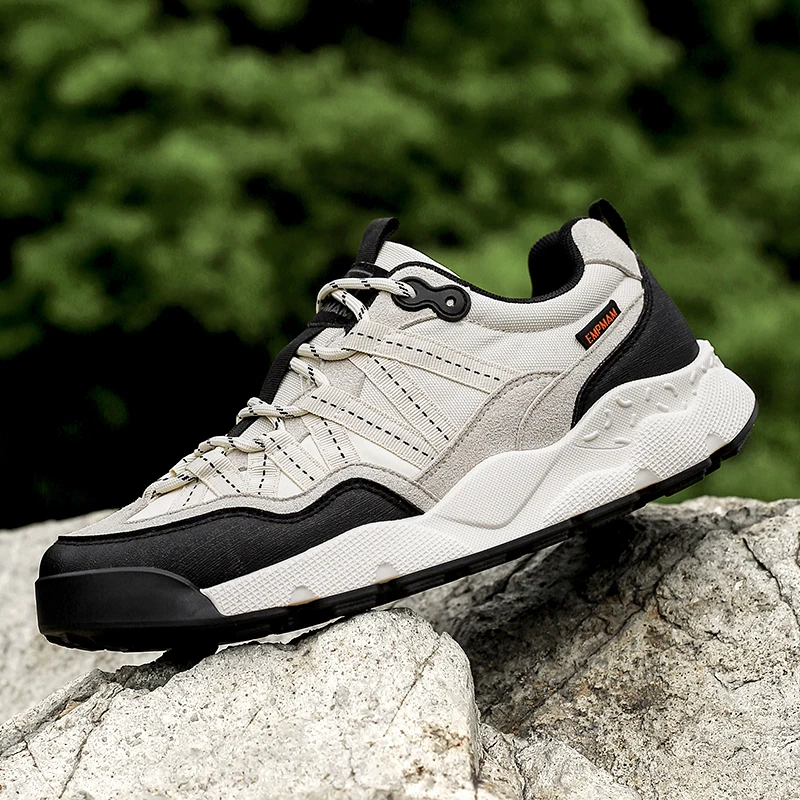 Men Outdoor Hiking Shoes Beige Black Suede Mesh Patchwork Thick Anti Slip Sole Trekking Sneakers Lace Up Camping Walking