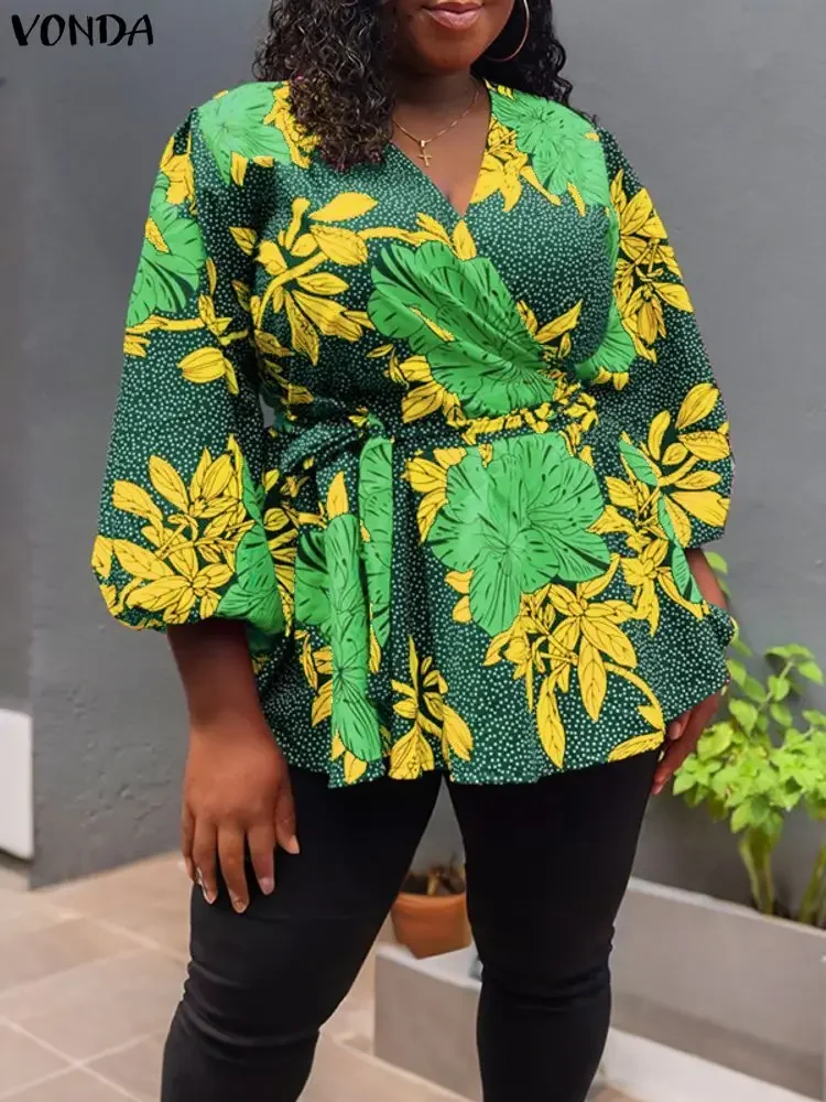 

VONDA винтажные блузки с цветочным принтом, модная женская рубашка-туника с v-образным вырезом, богемные топы с пышными рукавами 3/4, большие размеры 5XL