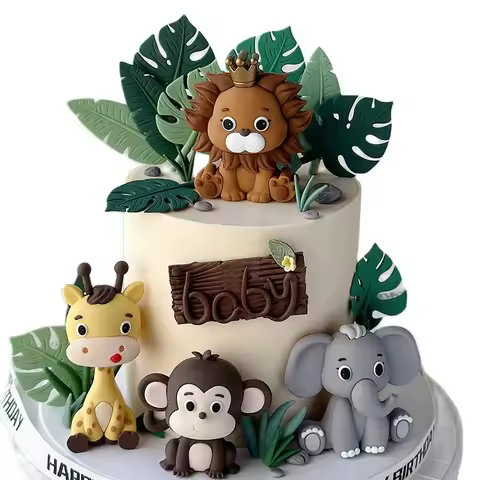 Forest Lion Giraffe Monkey Elephant Cake Decorations Grass Leaves Jungle Safari Party Supplies Boy Happy Birthday Cake Topper