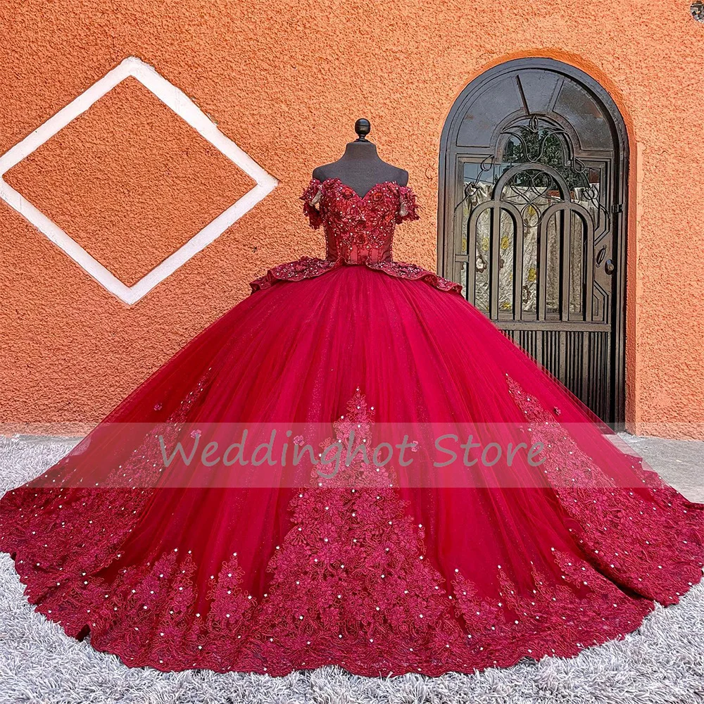 فستان Quinceanera عنابي مزين بكريستال فاخر فستان Quinceaneara بدون الكتف على شكل قلب ثلاثية الأبعاد للفتيات من الزهور 16