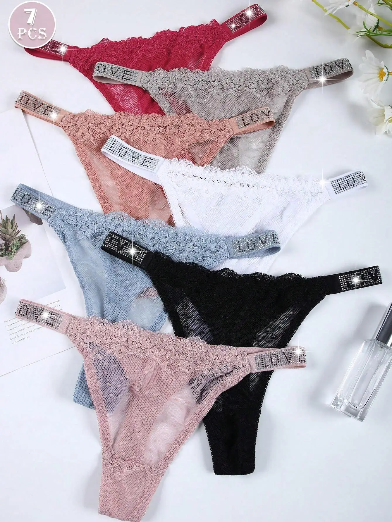 7-Pack Women's Lace G-String Set - Low-Waisted Sheer Briefs with Rhinestone Waistband