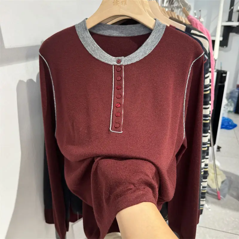 Large Round Neck Contrasting Color Knitted Sweater Women Versatile Autumn Winter Color Blocked Sweater Loose Base Shirt Trendy